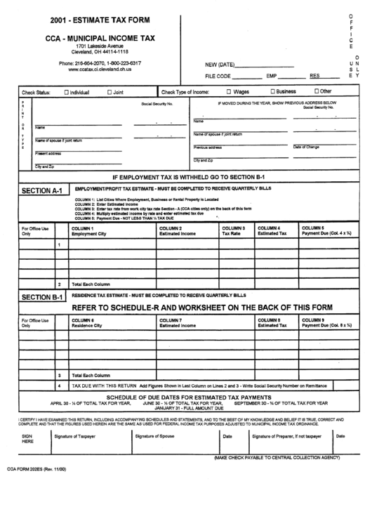 Cca Form 202es - 2001 - Estimate Tax Form - Cca Municipal Income Tax Printable pdf