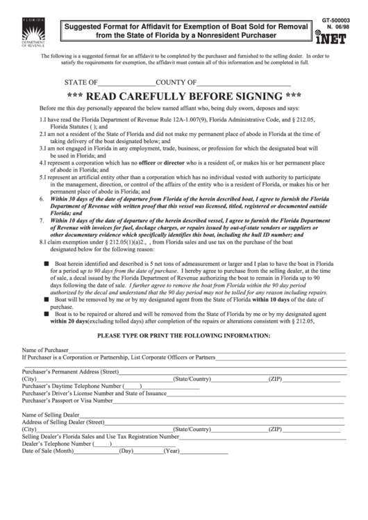 Form Gt-500003 - Suggested Format For Affidavit For Exemption Of Boat Sold For Removal From The State Of Florida By A Nonresident Purchaser Printable pdf