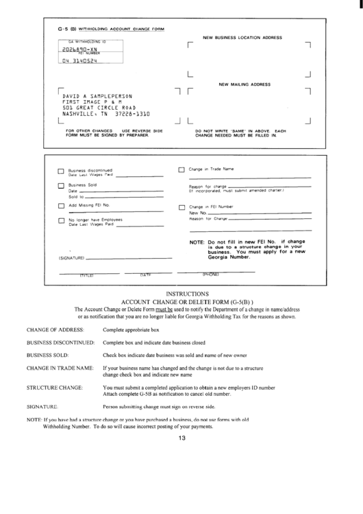 Form G-5(B) - Account Change Or Delete Form Printable pdf