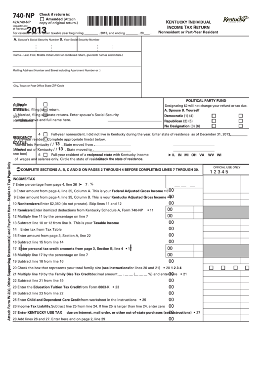 Fillable Form 740-Np - Kentucky Individual Incometax Return Nonresident Or Part-Year Resident - 2013 Printable pdf