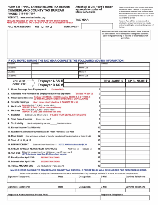 Form 531 - Final Earned Income Tax Return - Cumberland County Printable pdf