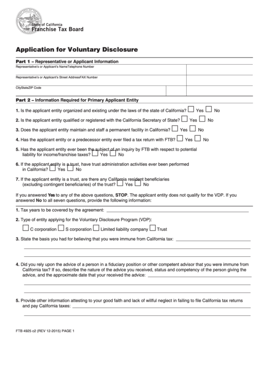 Form Ftb 4925 C2 - Application For Voluntary Disclosure Printable pdf
