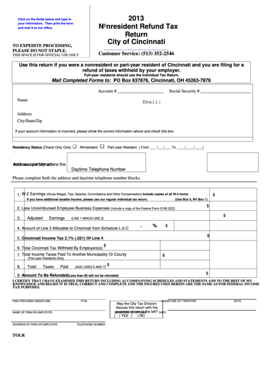 Fillable 2013 Nonresident Refund Tax Return - City Of Cincinnati Printable pdf