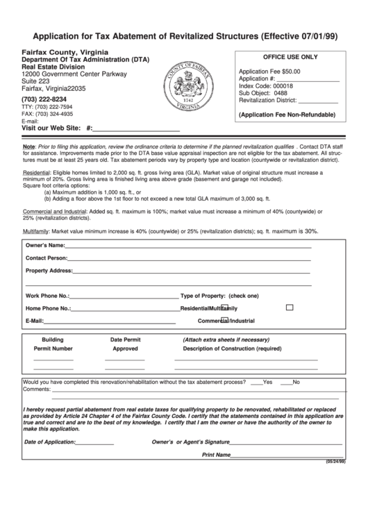 Application For Tax Abatement Of Revitalized Structures - Fairfax County Printable pdf