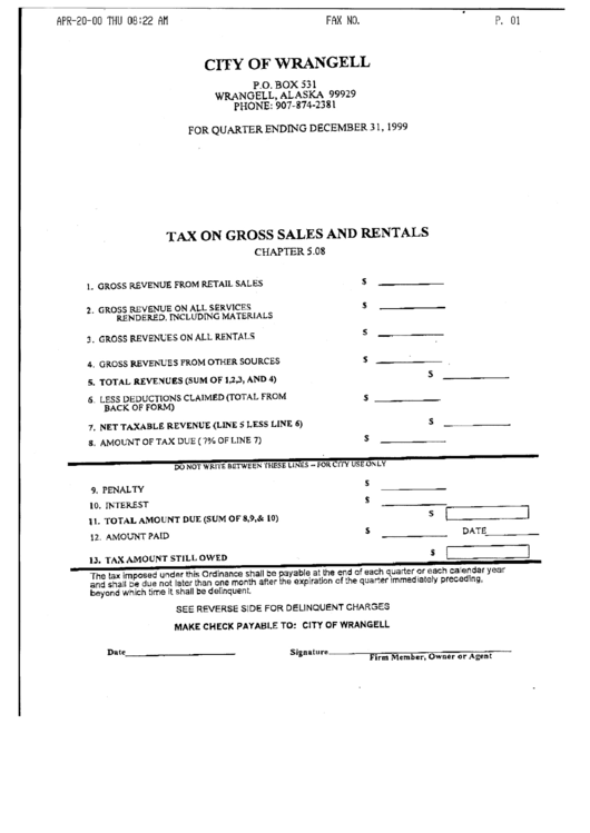 City Of Wrangell Tax On Gross Sales And Rentals - 1999 Printable pdf