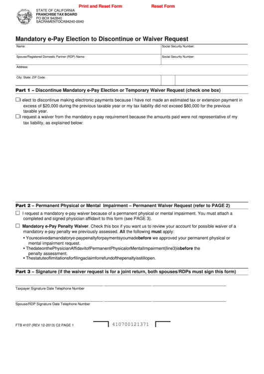Fillable Form Ftb 4107 - Mandatory E-Pay Election To Discontinue Or Waiver Request Printable pdf