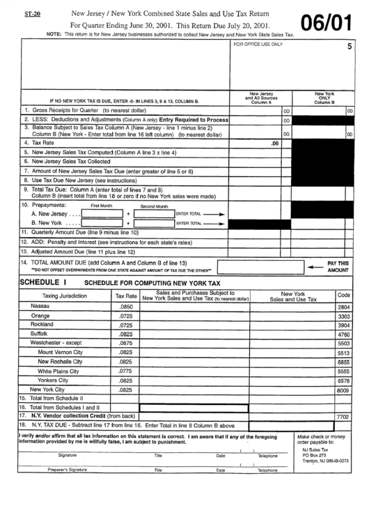 Form St-20 - New Jersey / New York Combined State Sales And Use Tax Return - 2001 Printable pdf