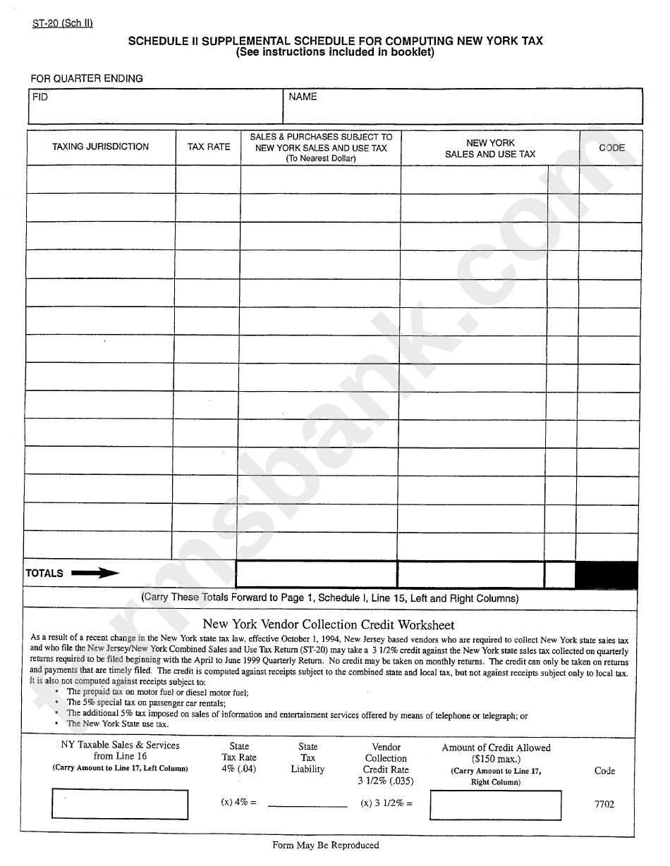 Form St-20 - New Jersey / New York Combined State Sales And Use Tax Return - 2001