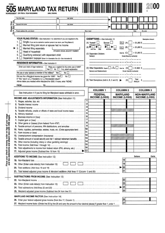 Form 505 Nonresident - Maryland Tax Return - 2000 Printable pdf