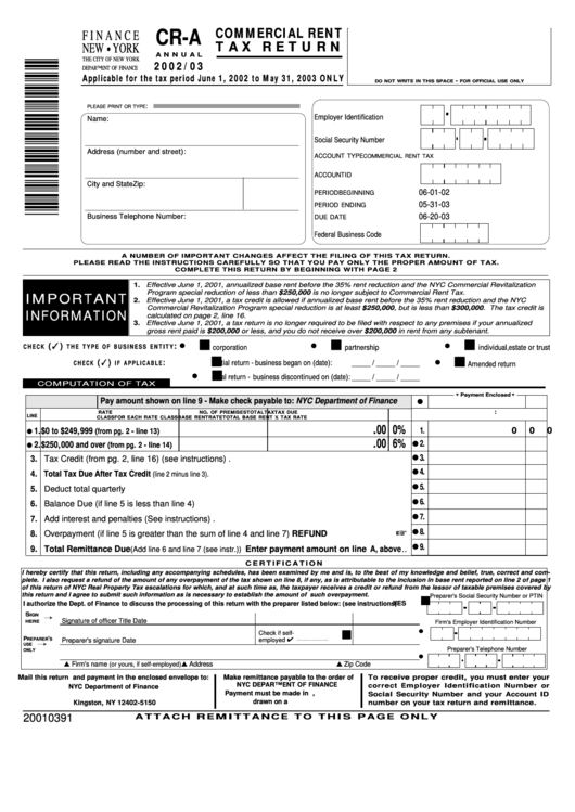 Form Cr-A - Commercial Rent Tax Return - 2002/03 Printable pdf