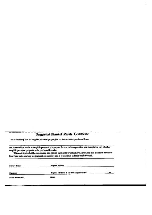 Suggested Blanket Resale Certificate Printable pdf