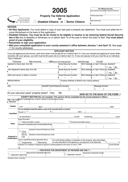 Fillable Form 150-490-015 - Property Tax Deferral Application For Disabled Citizens Or Senior Citizens - 2005 Printable pdf