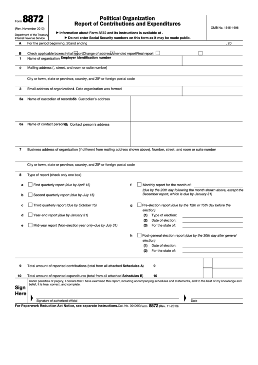 Fillable Form 8872 - Political Organization Report Of Contributions And Expenditures Printable pdf