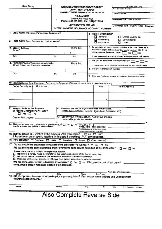 Form 1 - Application For An Unemployment Insurance Account Number - Nebraska Department Of Labor Printable pdf