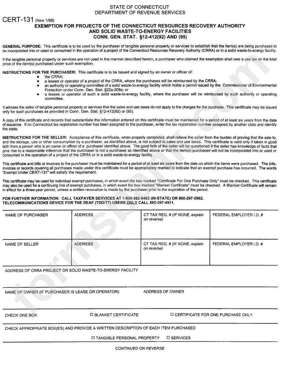 Form Cert-131 - Exemption For Projects Of The Connecticut Resources Recovery Authority And Solis Waste-To-Energy Facilities