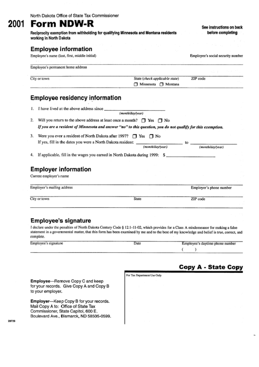 Form Ndw-R - Reciprocity Exemption From Withholding Minnesota And Montana Residents Working In North Dakota - 2001 Printable pdf