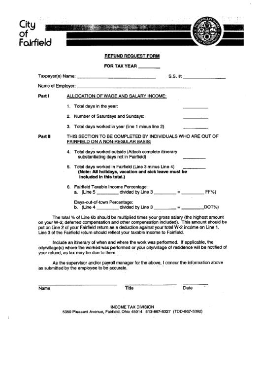 City Of Fairfield Refund Request Form Printable pdf