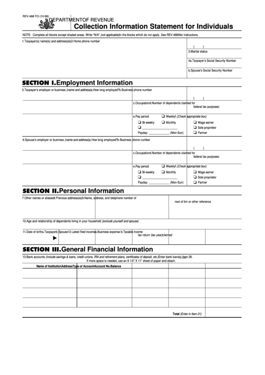 Form Rev-488 Fo - Collection Information Statement For Individuals - Pa Department Of Revenue Printable pdf