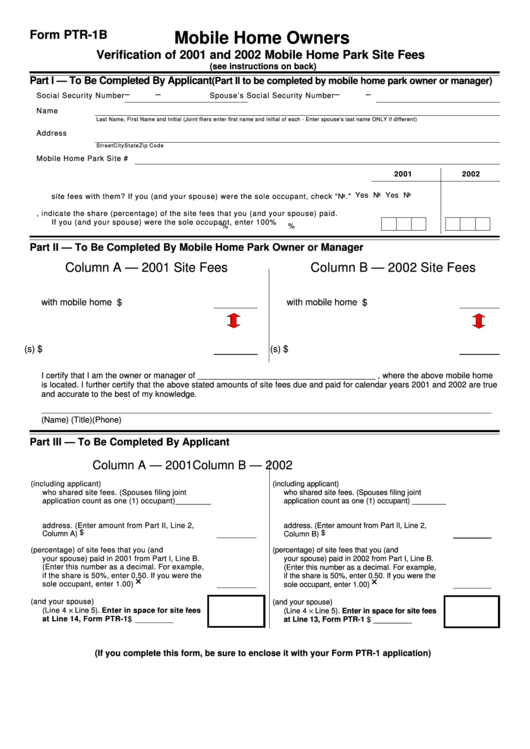 Form Ptr-1b - Mobile Home Owners Verification Of 2001 And 2002 Mobile Home Park Site Fees Printable pdf