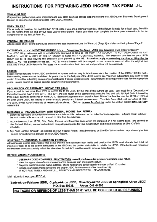 Istructions For Preparing Jedd Income Tax Form J-L Printable pdf