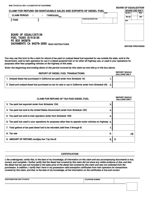 Fillable Form Boe-770-Dz - Claim For Refund On Nontaxable Sales And Exports Of Diesel Fuel -State Of California Printable pdf