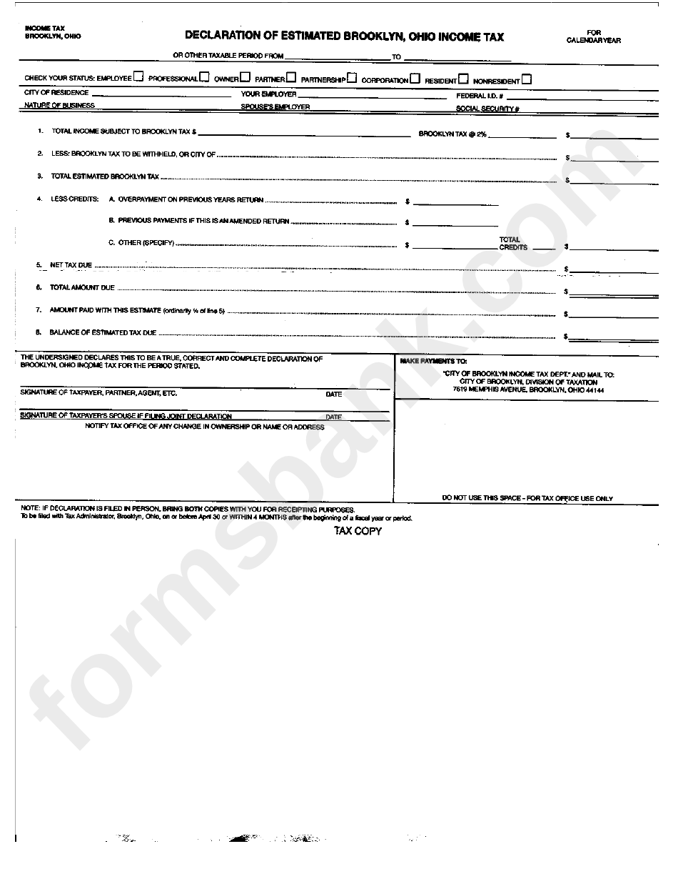 Declaration Of Estimated Brooklyn, Ohio Income Tax Form