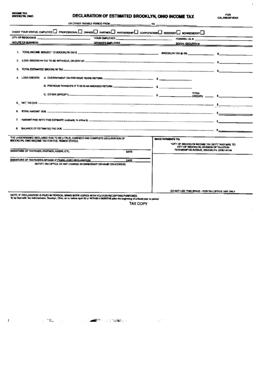 Declaration Of Estimated Brooklyn, Ohio Income Tax Form Printable pdf