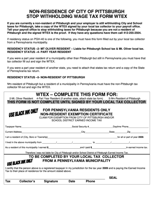 Form Wtex - Non-Residence Of City Of Pittsburgh Stop Withholding Wage Tax- 2009 Printable pdf