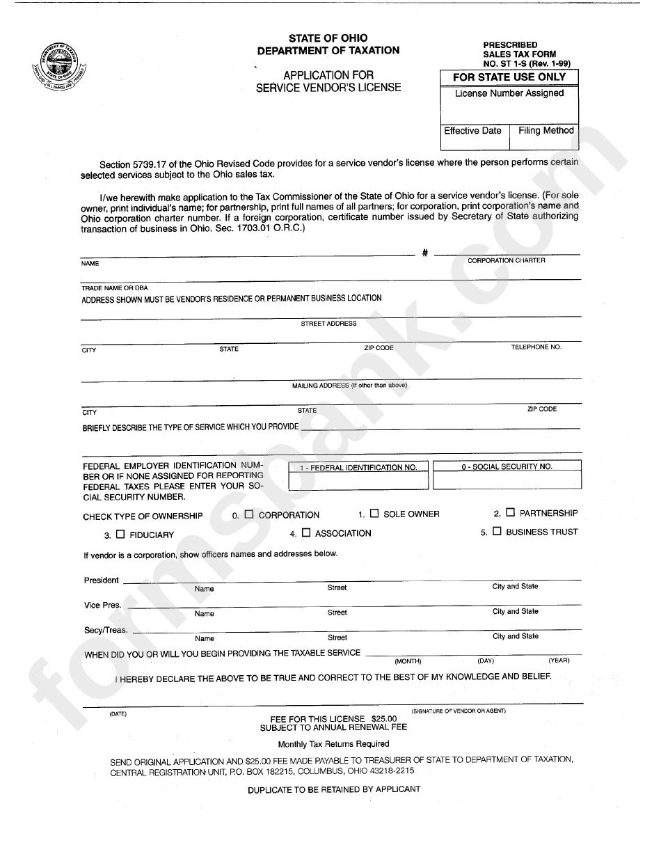 Form St 1-S - Application For Service Vendor