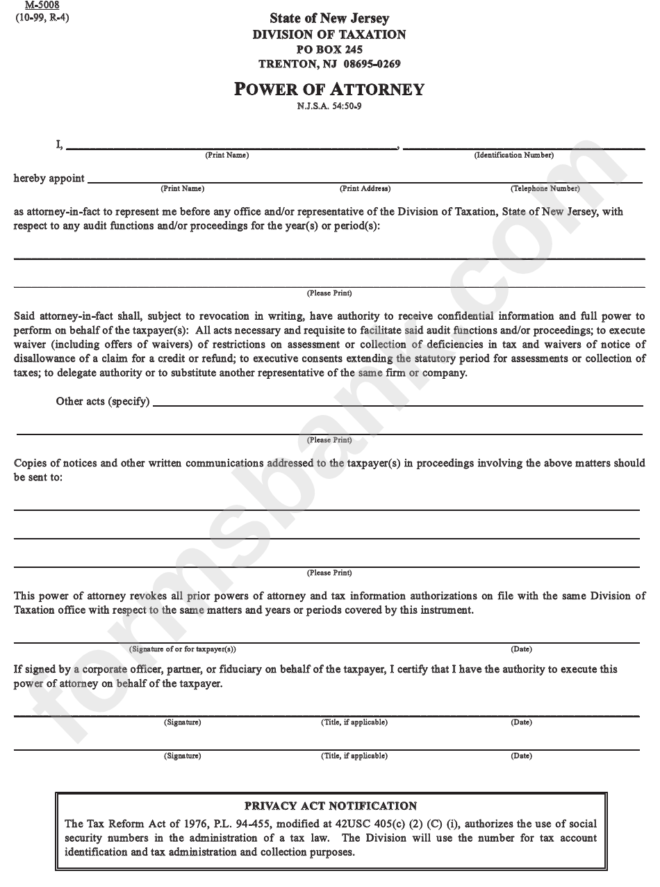 Form M-5008 - Power Of Attorney - Nj Division Of Taxation printable pdf ...