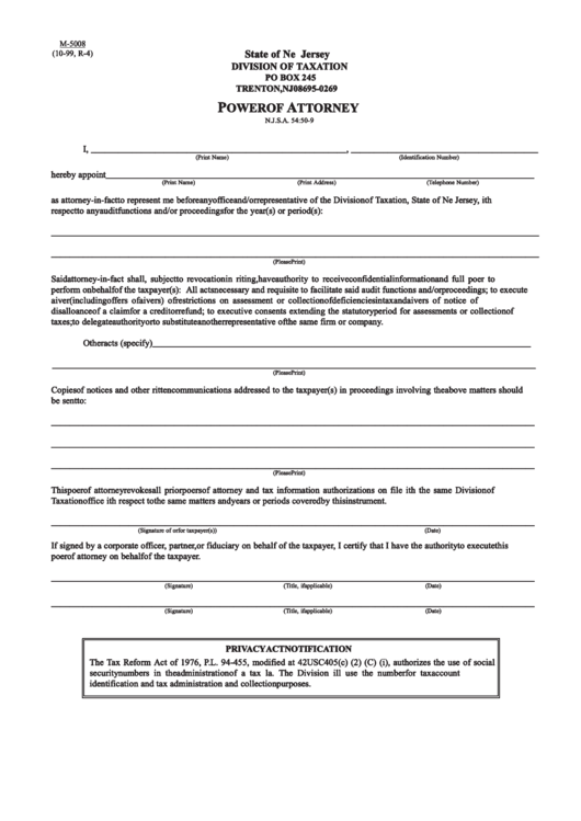 Form M-5008 - Power Of Attorney - Nj Division Of Taxation Printable pdf