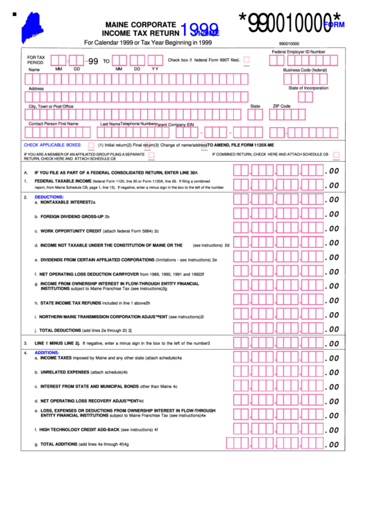 Form 1120me - Maine Corporate Income Tax Return - 1999 Printable pdf