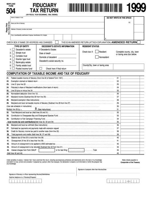 Maryland Form 504 - Fiduciary Tax Return - 1999 Printable pdf