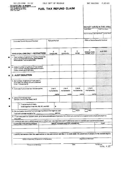 Fillable Fuel Tax Refund Claim - Colorado Department Of Revenue Printable pdf
