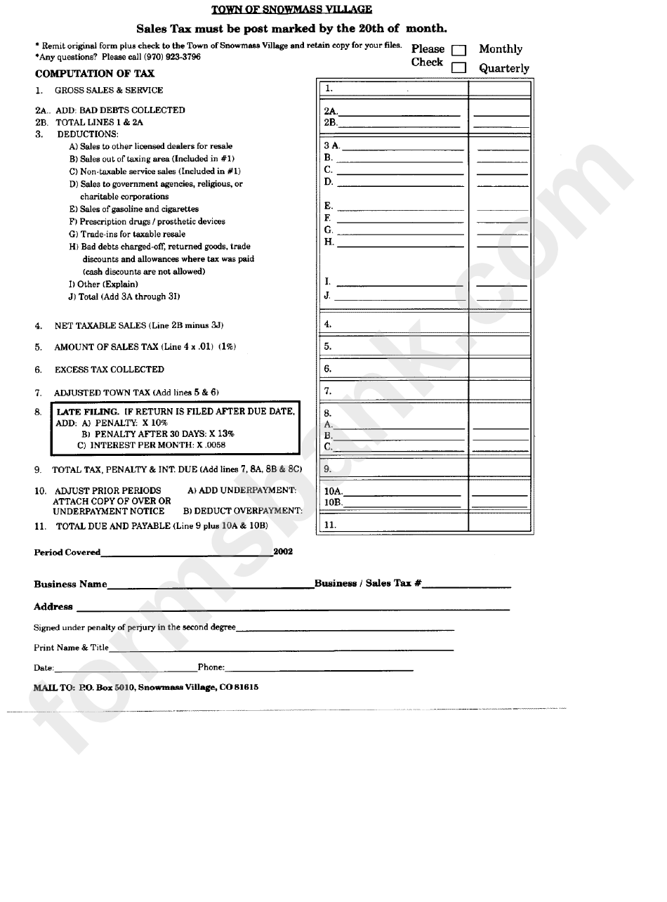Sales Tax Town Of Snowmass Village Form printable pdf download