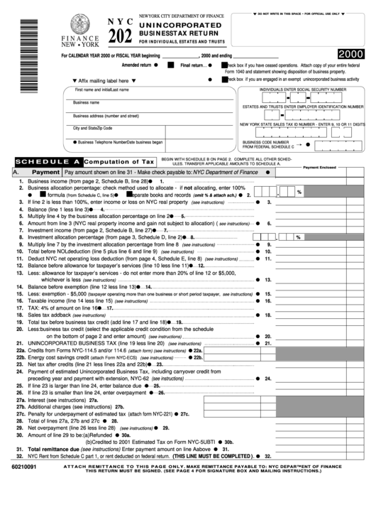 Form Nyc-202 - Unincorporated Business Tax Return For Individuals, Estates And Trusts - 2000 Printable pdf