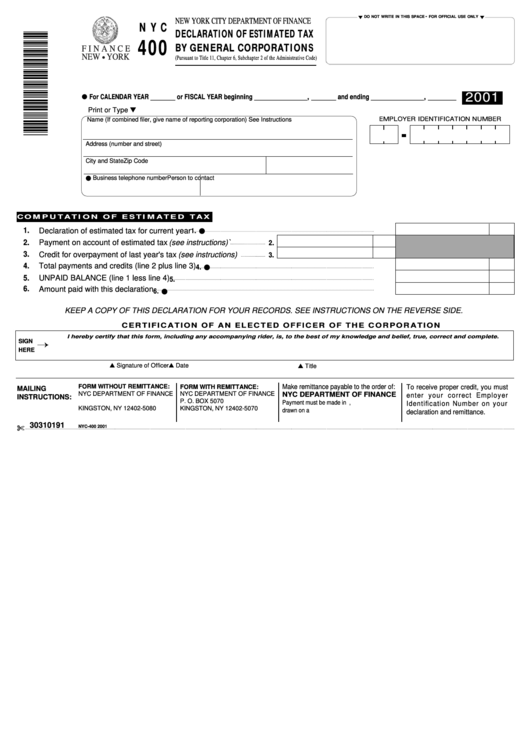 Form Nyc-400 - Declaration Of Estimated Tax By General Corporations - 2001 Printable pdf