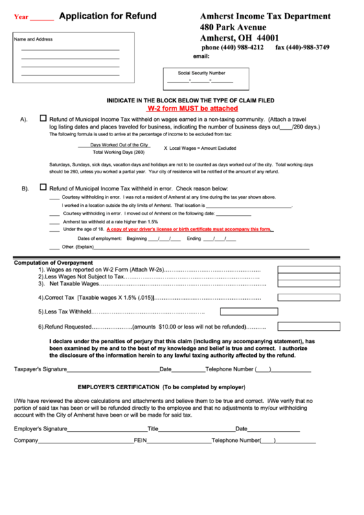 Application For Refund - Amherst Income Tax Department Form Printable pdf
