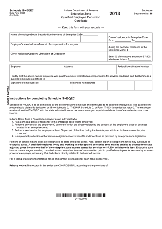 State Form 21928 - Schedule It-40qec - Enterprise Zone Qualified Employee Deduction Certificate - 2013 Printable pdf