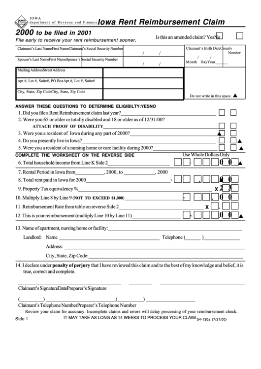 Form 54 130 Iowa Rent Reimbursement Claim 2000 Printable Pdf Download