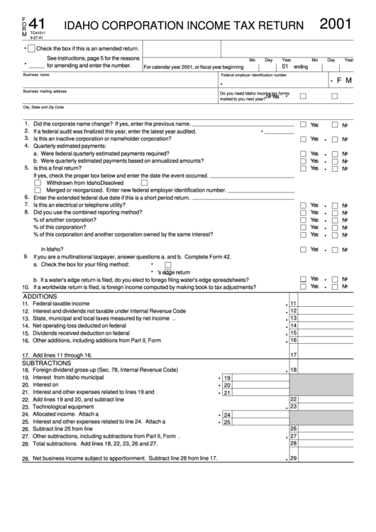 Form 41 - Idaho Corporation Income Tax Return - 2001 Printable pdf