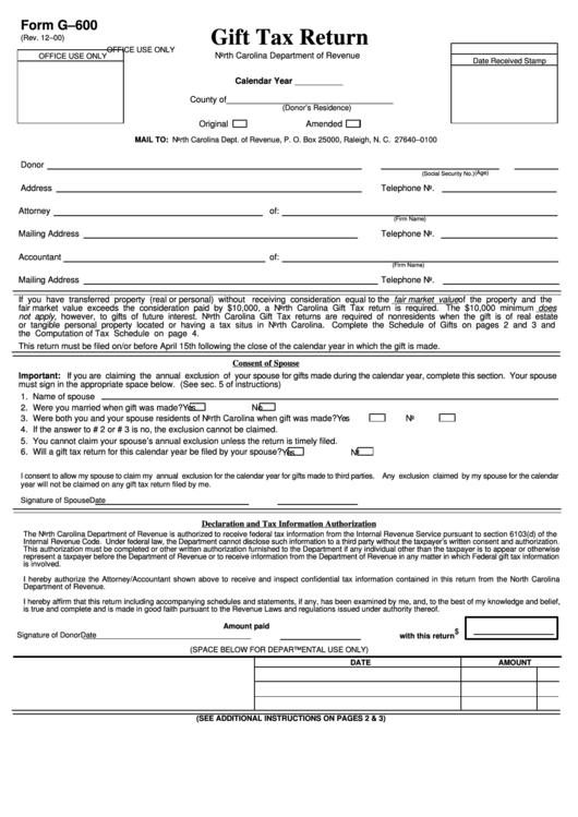 Form G-600 - Gift Tax Return - 2000 Printable pdf
