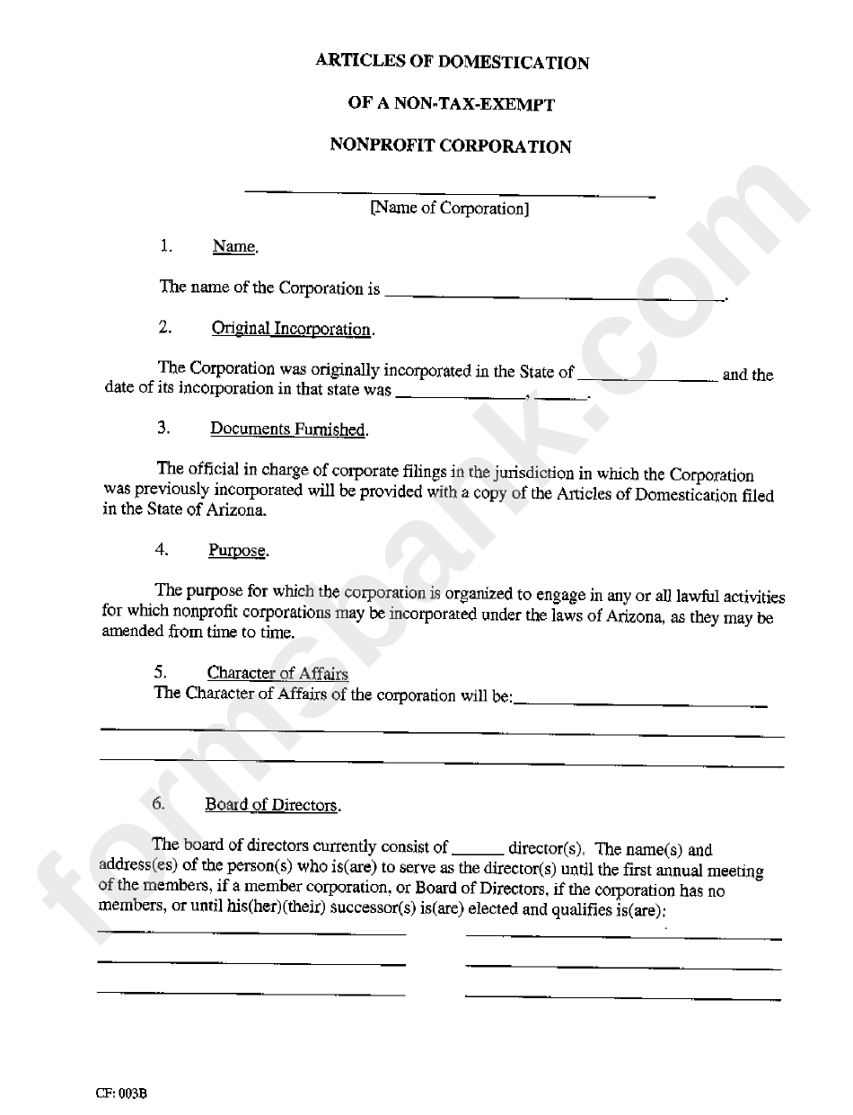 Form Cf:003b - Articles Of Domestication Of A Non-Tax-Exempt Nonprofit Corporation