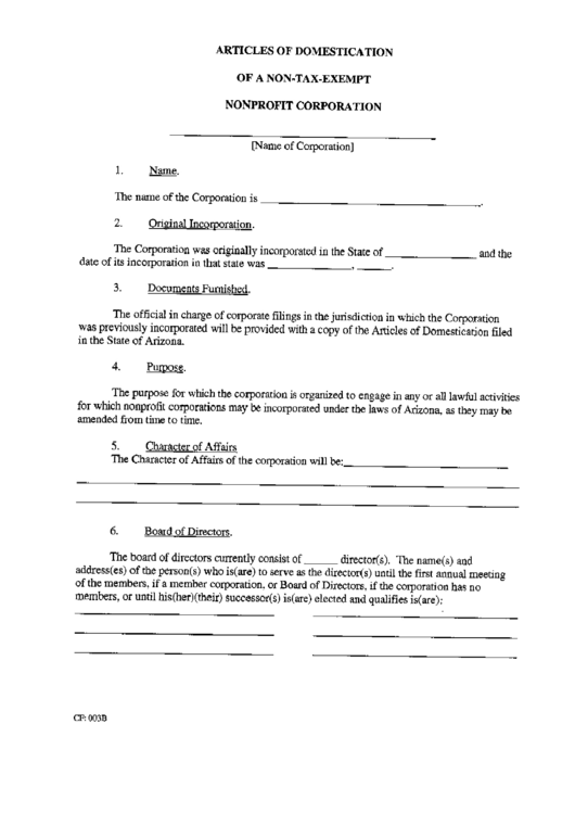 Form Cf:003b - Articles Of Domestication Of A Non-Tax-Exempt Nonprofit Corporation Printable pdf