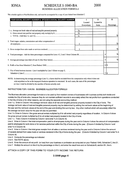 Schedule I-1040-Ba - Business Allocation Formula Form 2000 Printable pdf