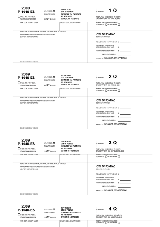 Form P-1040-Es - City Of Pontiac Tax Mail Payment Form - 2009 Printable pdf