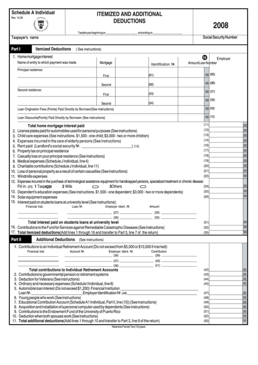 Schedule A Individual - Itemized And Additional Deductions - 2008 Printable pdf