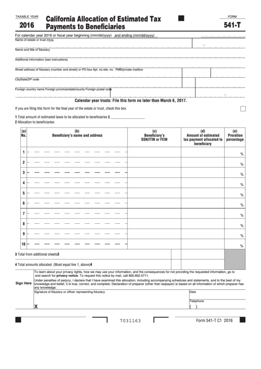 Fillable Form 541-T - California Allocation Of Estimated Tax Payments To Beneficiaries - 2016 Printable pdf