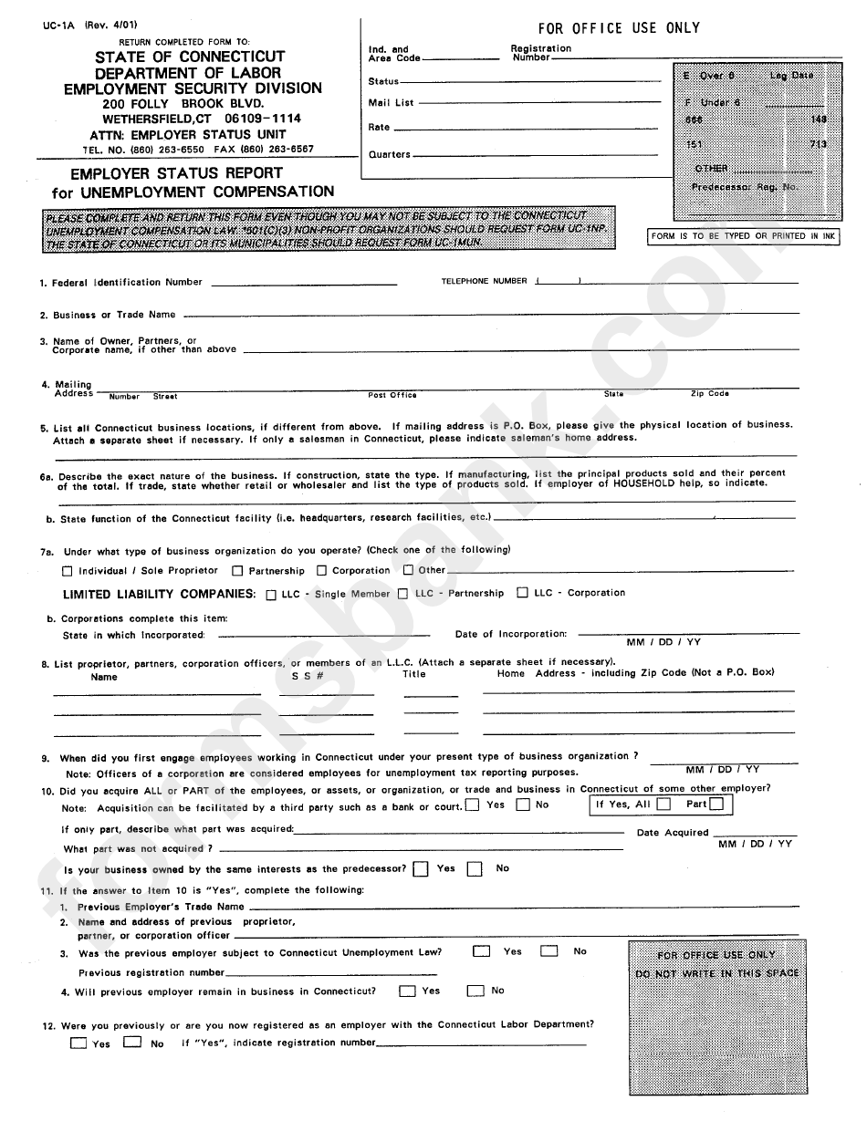 Form Uc-1a - Employer Status Report For Unemployment Compensation