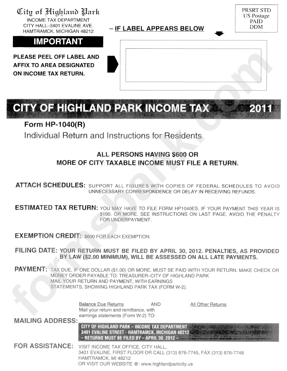 Form Hp-1040(R) - City Of Highland Park Income Tax - 2011